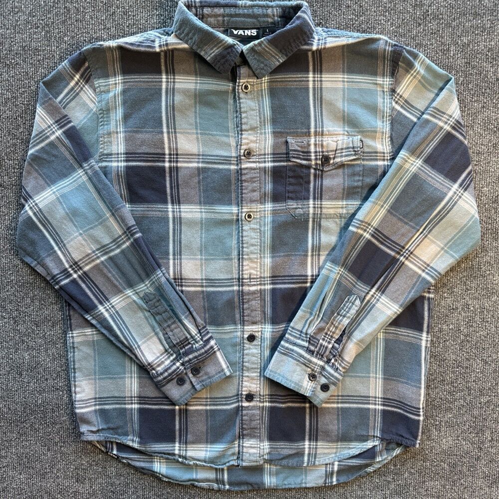 Vans Flannel Mens Large Blue Plaid Outdoors Button Up Long Sleeve Soft